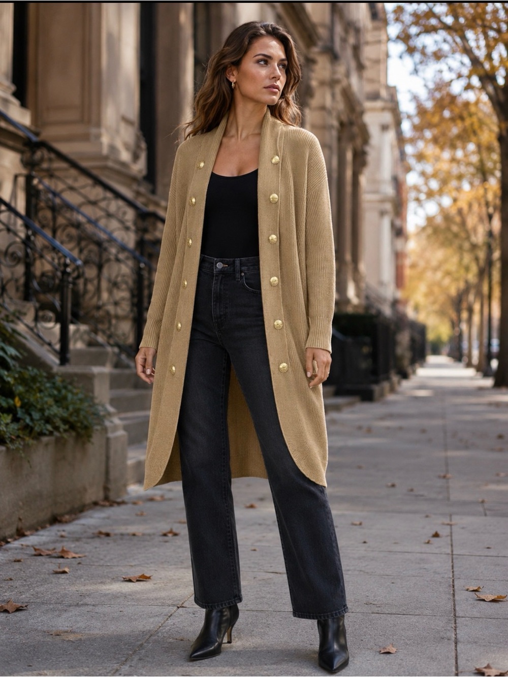 NY&C Camel Gold Button Long Duster Cardigan Sweater Size M